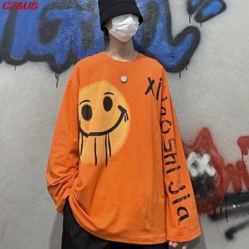 2021 Autumn Fashion Hip-Hop Smiley Face Graffiti Print Long Sleeve T-Shirt Leisure Loose O-Neck Men Women High Street Pullover