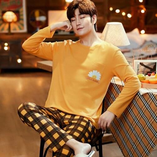 Autumn Winter Knitted Cotton Mens Pyjamas Orange Lattice Long Pants Pajamas Set Casual Male Sleepwear Daisy Pattern Homewear