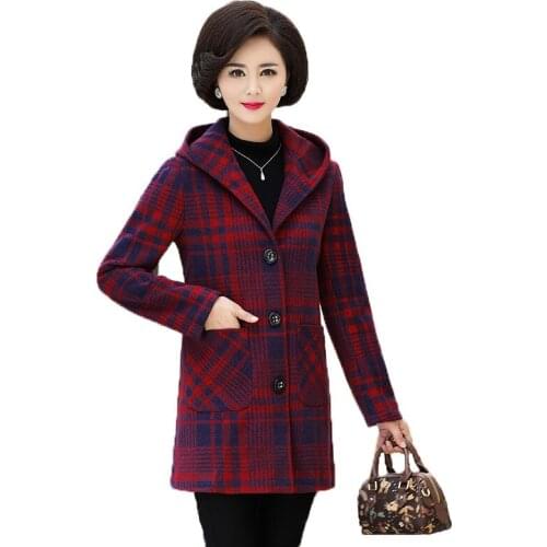 Mother Clothing Wool Coat Autumn Winter Plus size Woolen Blend Jackets Middle-aged Women Coats Female Hooded Overcoat Plaid Coat