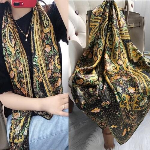 BYSIFA| Women Black Gold 100% Silk Scarf Bandana Fashion Plaisley Design Square Scarves Hijabs Winter Brand Headscarf Foulard