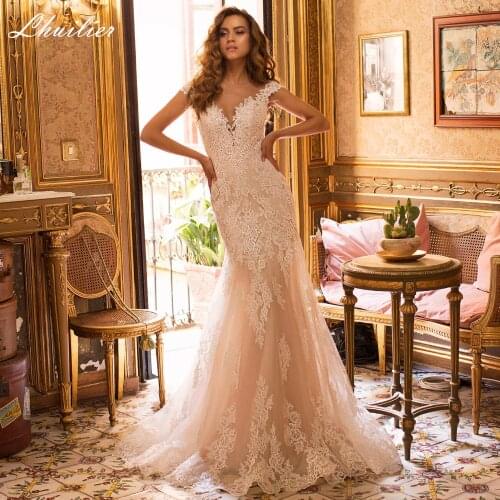 Lhuilier Sexy Mermaid Lace Appliques Wedding Dresses 2020 Court Train Sleeveless Illusion Back Tulle Bridal Dress
