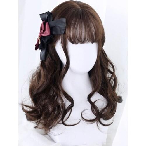 Synthetic mid-length curly wig brown/black/gold wavy wig with bangs synthetic heat-resistant fiber wig for white women