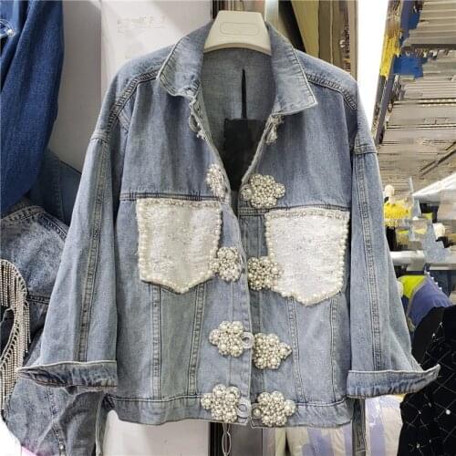Fashion Beading Diamonds Buckle Denim Jackets Women Pocket Splicing Outerwear Long Sleeve Loose Short Jeans Jacket Coat Female