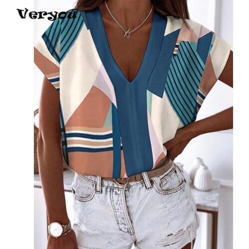 2021 Retro Pattern Printed Women T-Shirt and Tops Spring V Neck Short Sleeve Office Lady TShirt Pullover Autumn Loose Streetwear