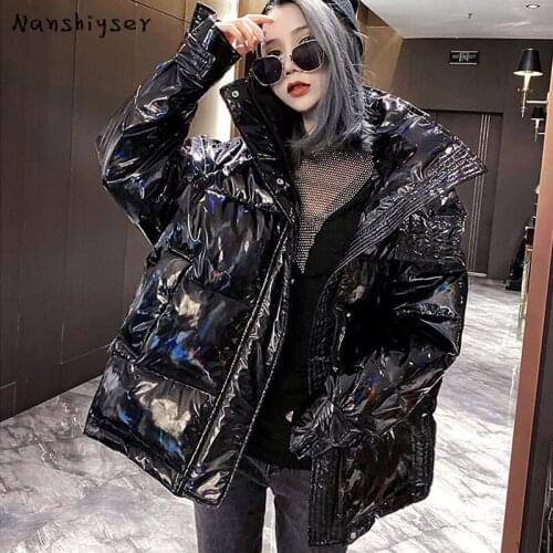 2021 Winter New Fashion Hooded Glossy Down Cotton Padded Jacket For Women Thick Bright Black Shiny Jacket Black Parkas Outerwear