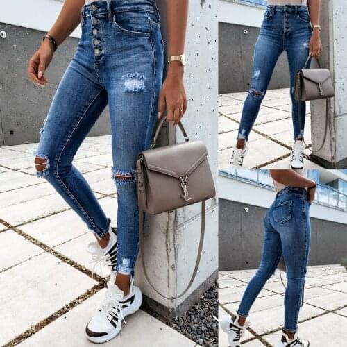 Women Summer High Waist Denim Jeans Button Pencil Pants Fashion Ripped Hole Tassel Jeans Pant