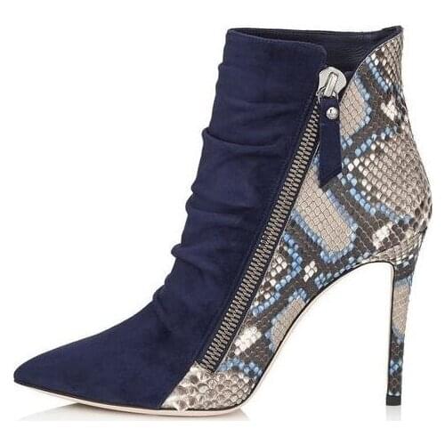 Women Boots 2018 Pointed Toe Snakeskin Leather Side Zipper Women Booties Blue Folded Suede Patchwork Ladies Dress Shoes Big Size