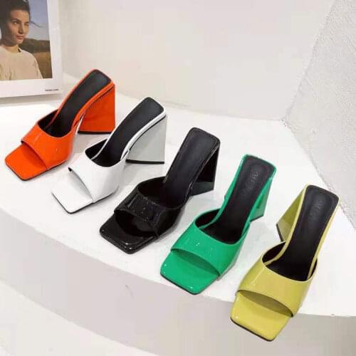 2021 Summer Candy Color Women Slippers Chunky Heels Mules Women High Heeled Sandals Slides Peep Toe Ladies Party Shoes Pump
