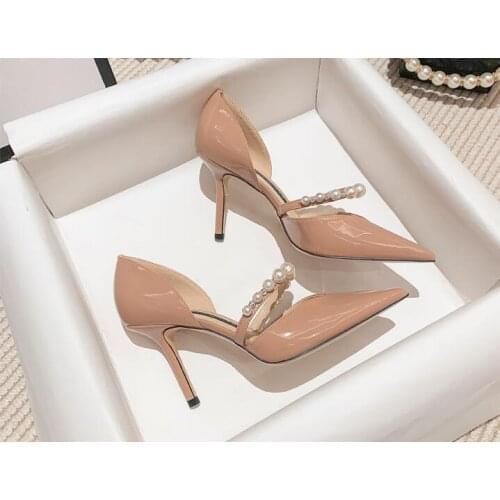 White Black Khaki Nude Patent Leather Pointed Toe Pearl Shallow Pumps Woman Hollow Out 6/8 cm Thin Heels Bride Shoes Small Size
