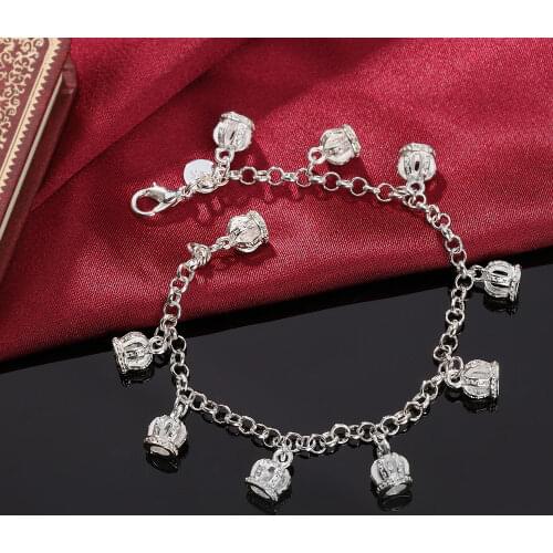 Womens 925 Silver Bracelet Pendants Crown Charm Chain Bracelet On Hand Luxury Fine Fashion Jewelry