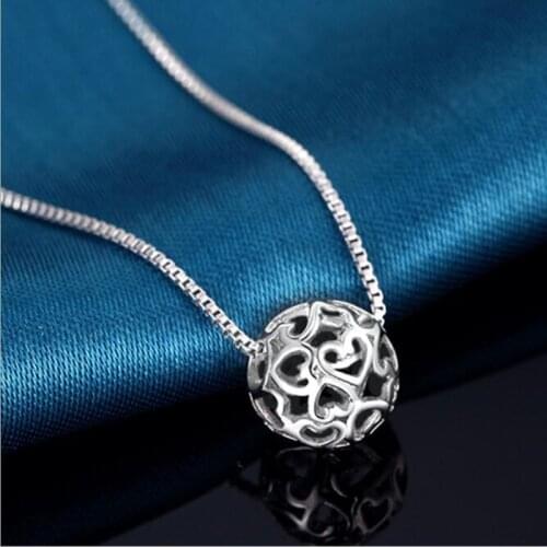 Fine 925 Sterling Silver Beautiful Hollow Heart Shaped Ball Necklace For Women Chain Pendant Colar Gift Female Accessories SN098