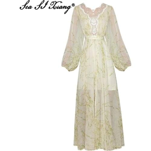 Seasixiang Fashion Designer Autumn Chiffon Maxi Dress Women V-Neck Lantern Sleeve Floral Print Embroidery Bohemian Long Dresses