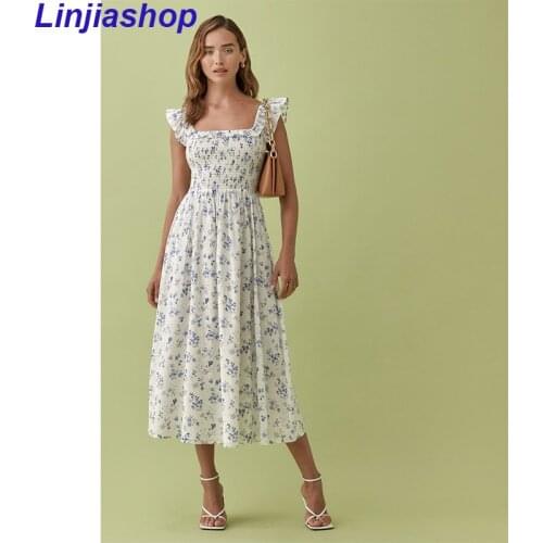 Chic Blue Floral Print Ruffles Midi Dress Retro Elastic Sexy Vestidos Vintage Tube Top Women Tank Dress