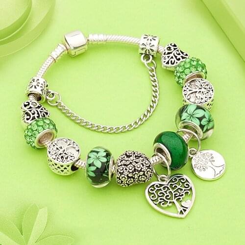 2019 Antique Tibetan Silver Tree of Life Charm Bracelets Green Crystal Flower Bead Bracelet with Heart Diy Jewelry Pulsera Mujer