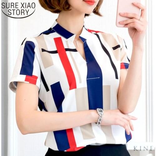 2021 Summer V-neck Chiffon Lady Short Shirt Women Tops and Blouse Office Lady Fashion Blouse Slim Blusas Female Shirts 3521