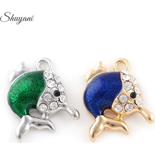 24*21mm Silver Gold Lovely Colorful Blue Fish Charms Pendant Fit Bracelet Jewelry Making Mother Gift