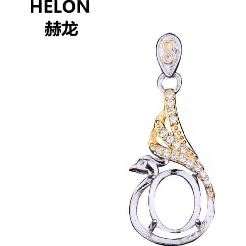 925 Sterling Silver Women Pendant Cubic Zirconia 7x9mm Oval Cabochon Semi Mount Pendant fit Amber Turquoise Lapis Lazuli Setting