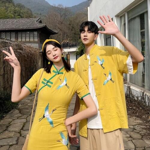 【 F19】2021 new female cheongsam couples summer shirt suit for men couples clothes couples clothing