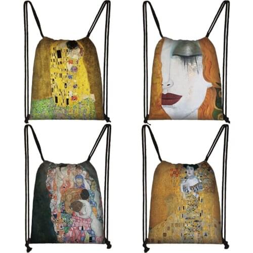 Oil Painting Tear / Kiss By Gustav Klimt Backpack Women Men Travel Bags Canvas Storage Bag Mini Backpack Teenager Bookbag
