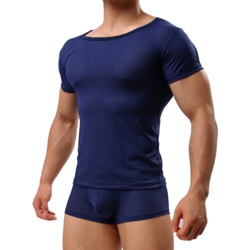 Summer Fashion Man Mesh Slim Undershirts Breathable Gay Sexy Casual Polyester Sheer Fitness Bodybuilding Shirts Charm Undershirt