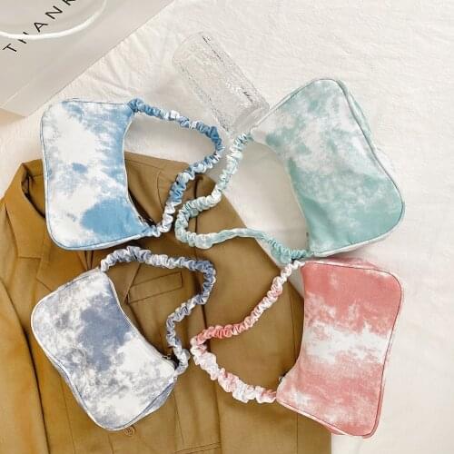 Fashion Womens Bag Tie Dye Canvas Printing Small Shoulder Underarm Bags for Women New Casual Ladies Pleated Handle Handbags