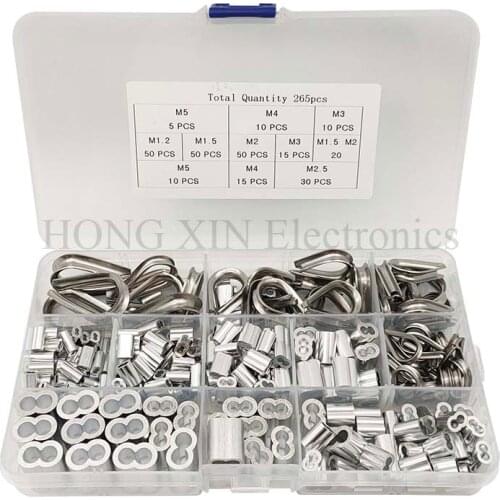 265Pcs 304 Stainless Steel Wire Rope Cable Thimbles Combo and Aluminum Crimping Loop Sleeve Assortment Kit