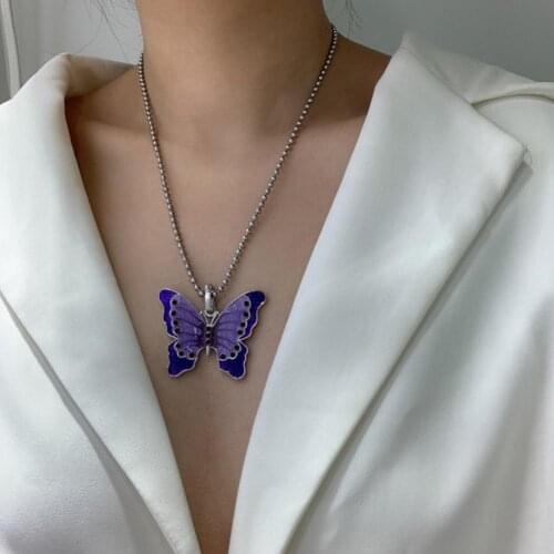 New Purple Hip Hop Necklace Women Fashion Butterfly Pendant Charm Chain Alloy Necklace Party Wedding Jewelry Gift Accessories