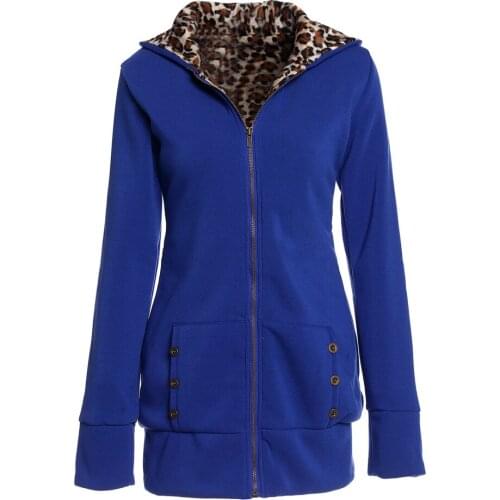 Autumn Winter Women Fleece Long Jacket Thick Hooded Sweatshirt Leopard Zipper Coat Plus Velvet Overcoat Outwear