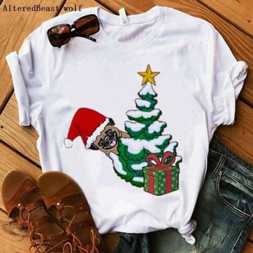 Christmas Pug T-Shirt women Christmas funny Printed Tops tshirt short sleeve white clothes women Christmas tree gift t shirt