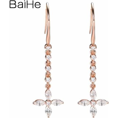 BAIHE Solid 14k Rose Gold 0.86ct Round Marquise Natural Diamond Engagement Fine Jewelry flower diamond ear hook Earrings Women