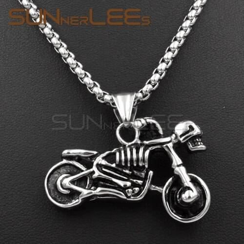 SUNNERLEES NEW Fashion Jewelry Stainless Steel Punk Skull Skeleton Motorcycle Pendant Necklace Link Chain For Mens Womens SP13