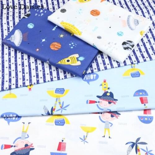 100% Cotton Twill WHTIE BLUE Marine Cartoon Captain Lookout Palm Trees Ship Space Rocket Stripe Star Fabrics for Sheet Cushion
