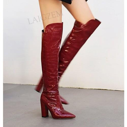 LAIGZEM Embossed Women Over Knee Boots 10CM Thick Block High Heels Shoes Woman Riding Boots Ladies Footwear Big Size 38 39 44 48