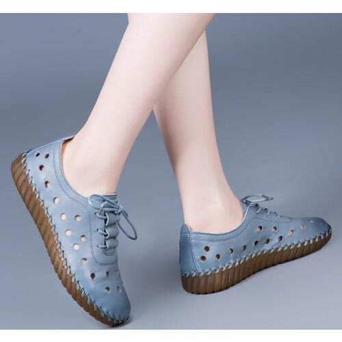 Women Flats Genuine Leather Shoes Woman Moccasins Comfortable Lace-up Handmade White Summer Sneakers Ballet Ladies Shoes