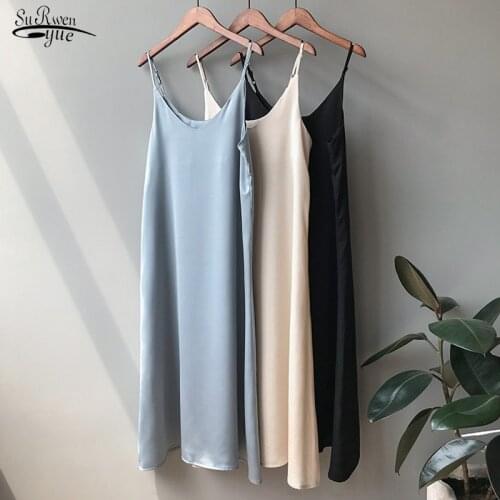 2021 Summer Silk Casual Satin Solid Dress Vestidos Women Long Sexy Sleeveless Elegant Maxi Dress Korean Style V Neck Dress 9474