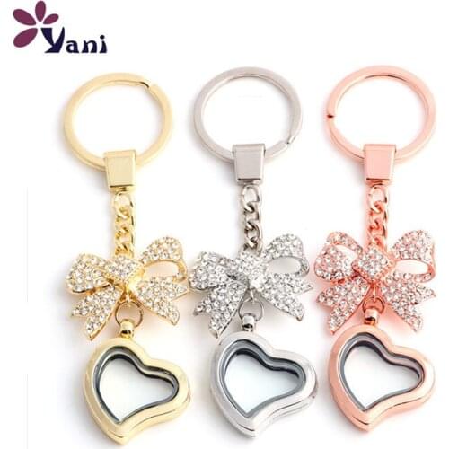 10pcs/lot Free shipping 30MM Floating Heart Locket Pendant Glass Living Memory Locket Keychain Keyring With Bowknot Brooch