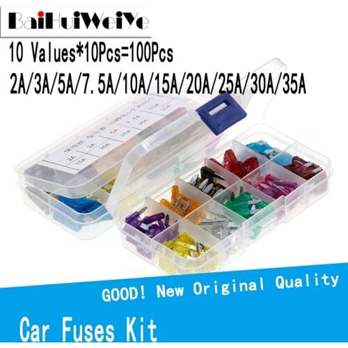 100Pcs/Lot Car Fuses 2A 3A 5A 7.5A 10A 15A 20A 25A 30A 35A Amp with Box Clip Assortment Fuse Set Truck 10 Values