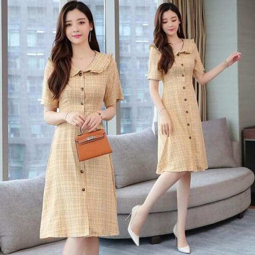 2021 Elegant Yellow Plaid Sweet Midi Dresses Spring Summer Plus Size Short Vintage Runway Dresses Women Bodycon Party Vestidos