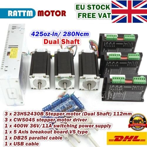 EU Free VAT 3 Axis Nema23 112mm Dual Shaft 425oz CNC Stepper Motor 3A &CW5045 Driver Kit