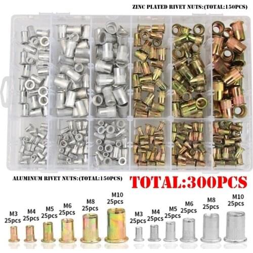 300PCS Aluminum Rivet/Zinc Plated Flat Head Rivet Nuts Set M3 M4 M5 M6 M8 M10 Insert Reveting Multi Size Rivet Nuts
