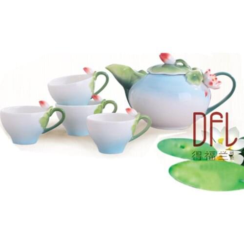 7pcs Enamel Bone China Tea Set Chinese Kung Fu Coffee Lotus Kettle Mug chaleira esmaltada bule esmaltado