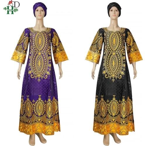H&D African Outfit Dresses For Women Plus Size Ladies Clothing Bazin Riche Dashiki Embroidery Boubou Wedding Robes With Headwrap