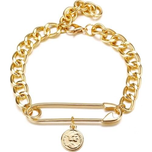 Gold Link Chain Bracelet for Women Gold Safety Pins Round Coind Pendant Charm Bracelet bracelets Ladies Fashion Braclets 2019