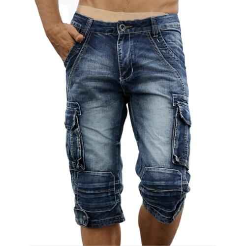 Summer Mens Retro Cargo Denim Shorts Vintage Acid Washed Faded Multi-Pockets Military Style Biker Short Jeans for Men