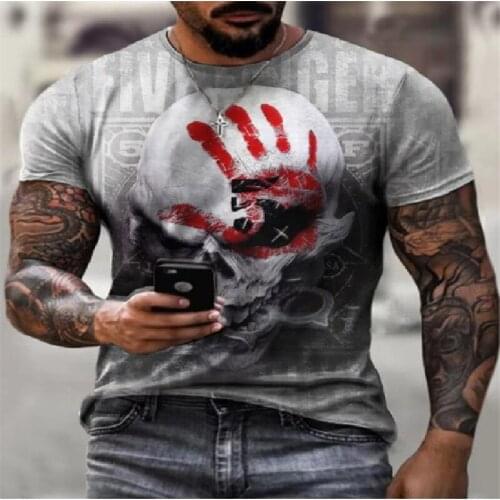 Summer New Mens Vintage Blood Hand Skull Print O Collared T Shirts Fashion Oversized Men Short Sleeve Graphic Tee Shirt Camiseta