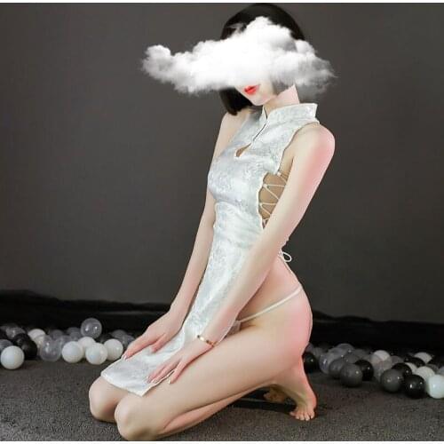 Satin Retro Jacquard Cheongsam Bathrobe Maid Dress Hollow Straps High Slits Anime Cosplay Costume Lingerie Womens Sexy Costume