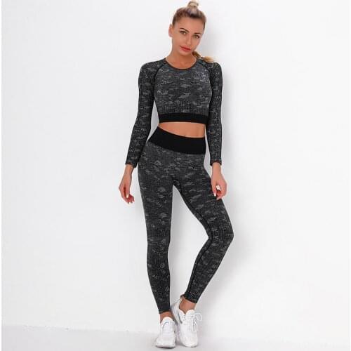 Camo Yoga Set Sports Wear Sport Suit For Women Gym Fitness Clothing Sport Bra Long Sleeve Crop Top + Seamless Yoga leggings