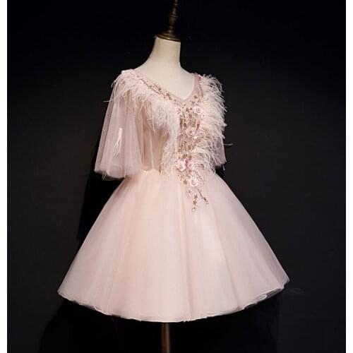 Pink feather butterfly sleeve embroidery beading tutu short ball gown dress stage performance/fairy short cosplay dress