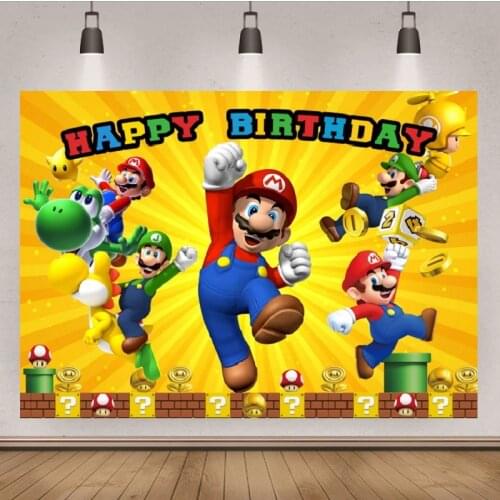 Red Super Marios Bros Photography Backdrops Table Decor Children Birthday Party Cartoon Photo Background Vinyl Photo Banner