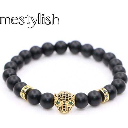 Mestylish Black Matt Onyx Gold Color Plated Leopard Head Zircon Charm Bracelets Women&Mens Energy Yoga Gift